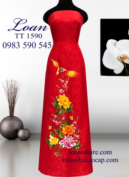 Vải áo dài cưới lụa tơ tằm thêu hoa-VCD6
