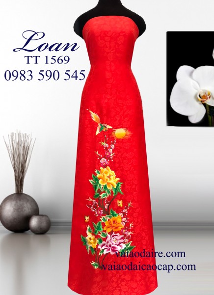 Vải áo dài cưới lụa tơ tằm thêu hoa-VCD7